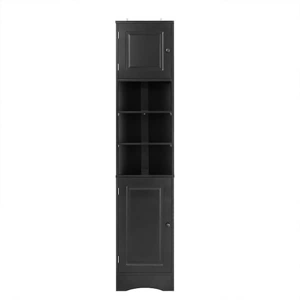 Multi-Functional 14.6 in. W x 9.4 in. D x 66.9 in. H Black Linen Cabinet with Two Doors and Adjustable Shelves