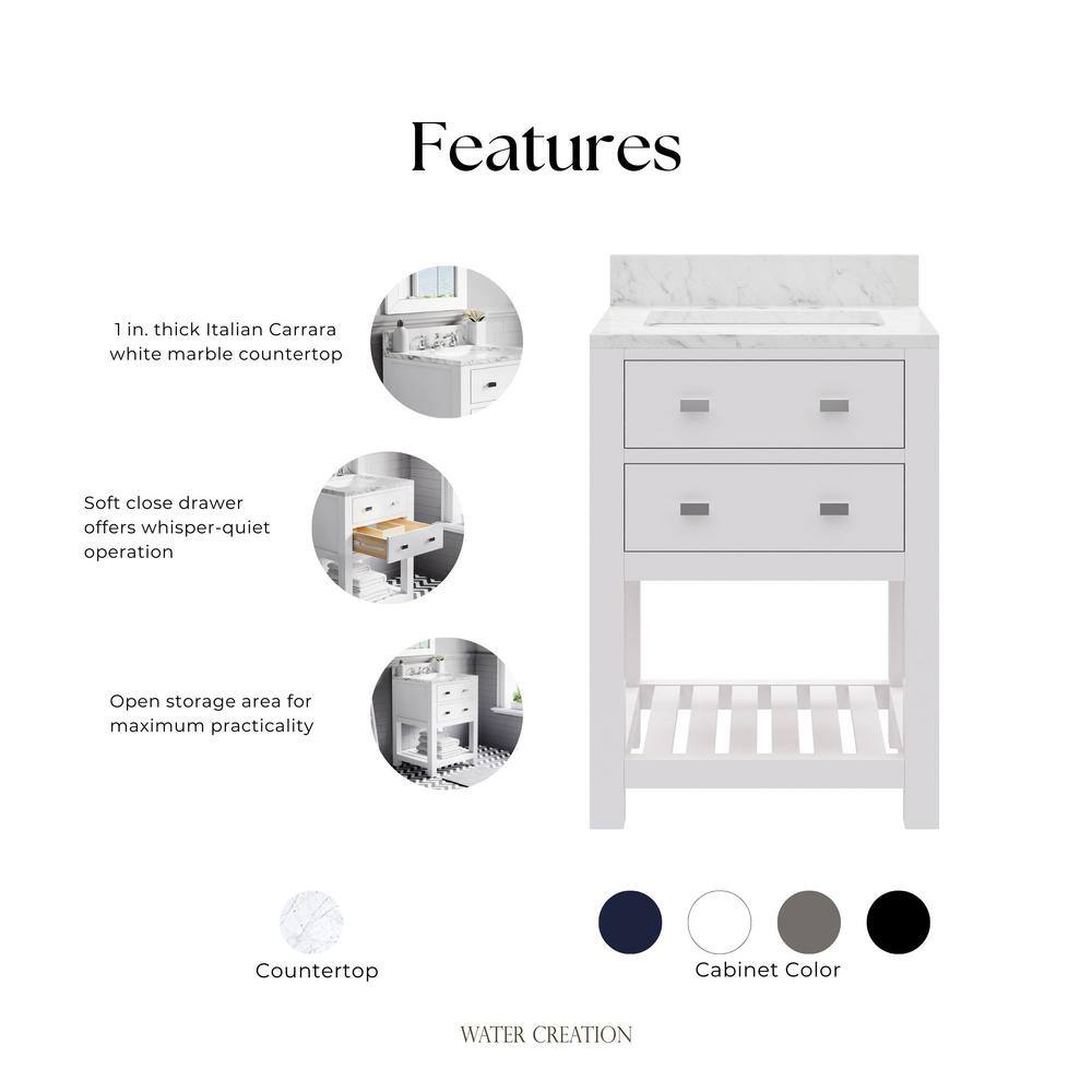 24" Pure White Solid Hardwood Bathroom Vanity with Marble Top