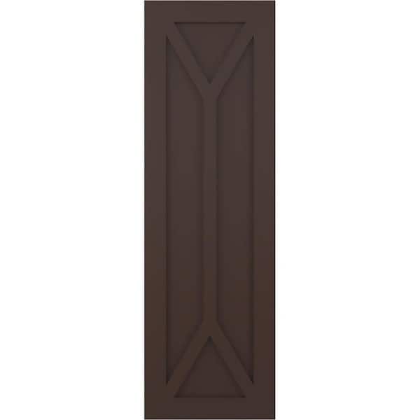Ekena Millwork 12 in. x 30 in. Flat Panel True Fit PVC San Carlos Mission Style Fixed Mount Shutters Pair in Raisin Brown