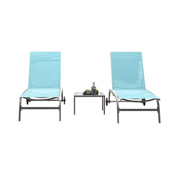 Flynama Adjustable Aluminum Outdoor Lounge Chair with Table and Wheels in Turquoise Blue (1-Pack)(Set of 2)