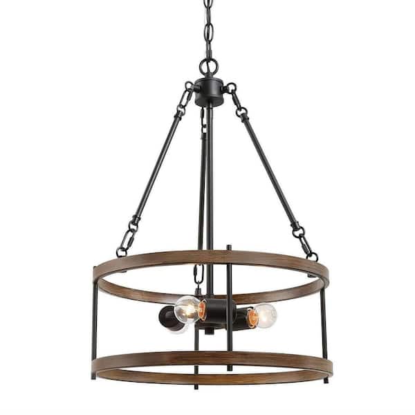 Unbranded Modern Farmhouse 3-Light Black Drum Pendant Chandelier with Pine Texture Finish Metal Chandelier for Dining Room,Kitchen
