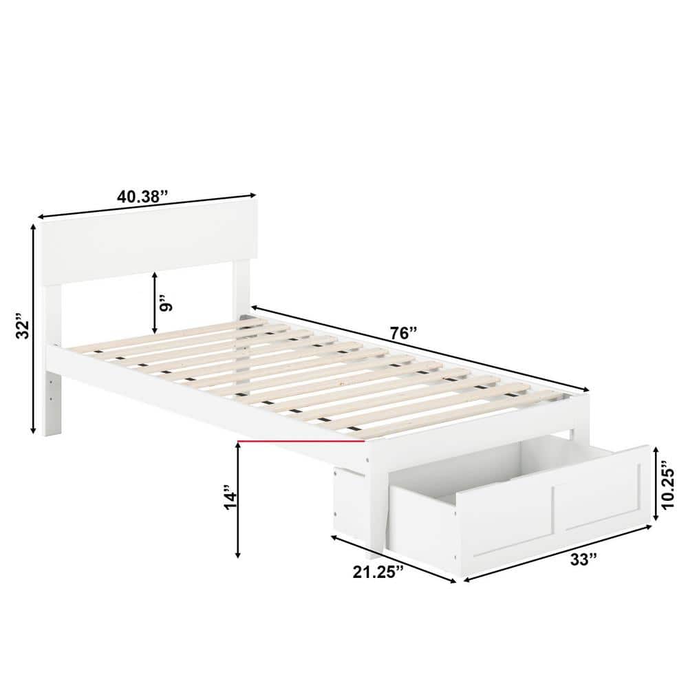 White Twin Wood Frame Bed with Headboard and Storage Drawer