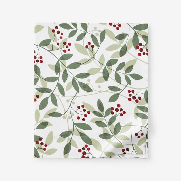 The Company Store Company Cotton Red/Green Berries and Leaves Velvet Flannel Full Flat Sheet