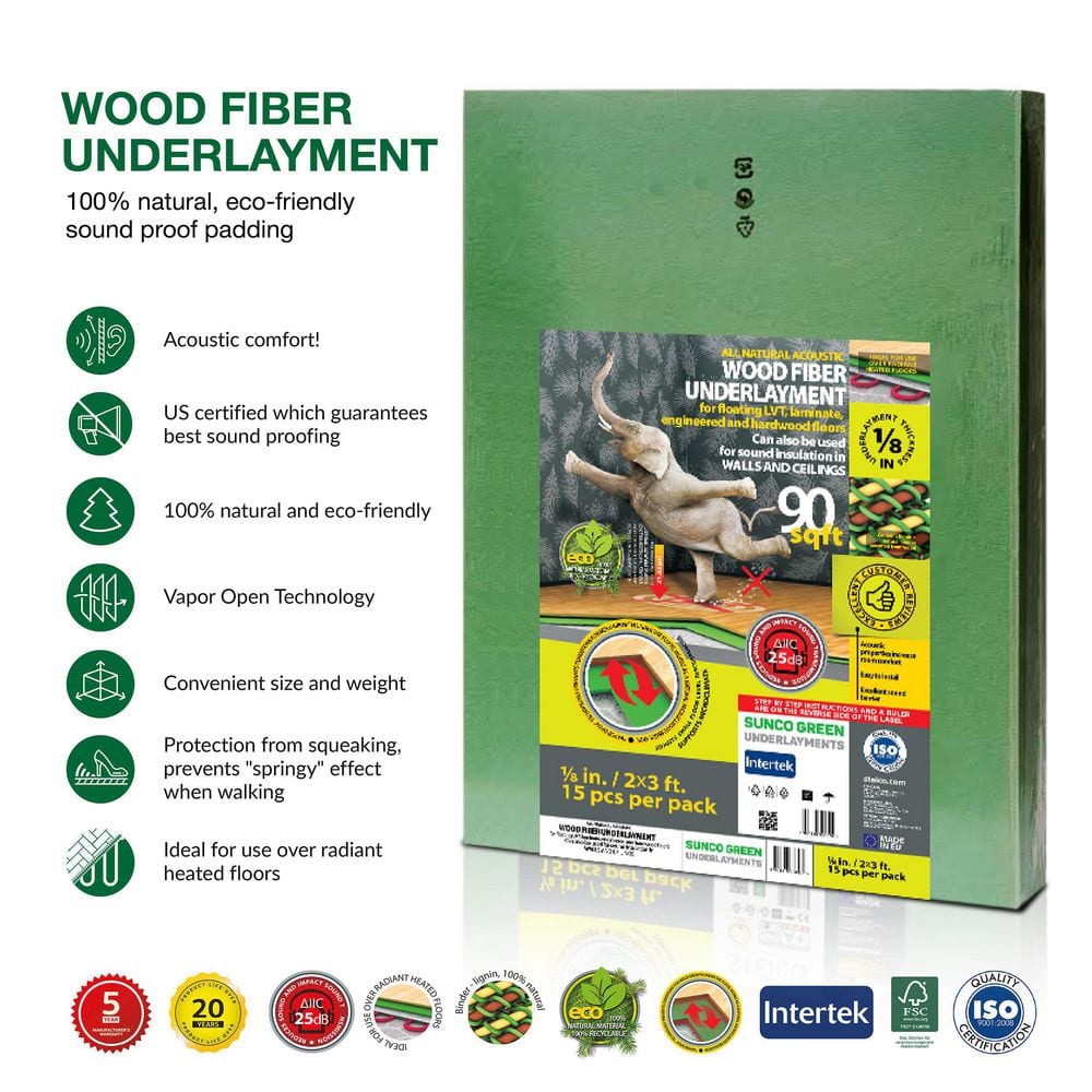 Natural Green Wood Fiber Acoustic Underlayment, 3mm Thickness, 90 Sq Ft