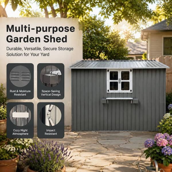 Grey 10 ft. x 8 ft. Weatherproof Metal Garden Storage Shed with
