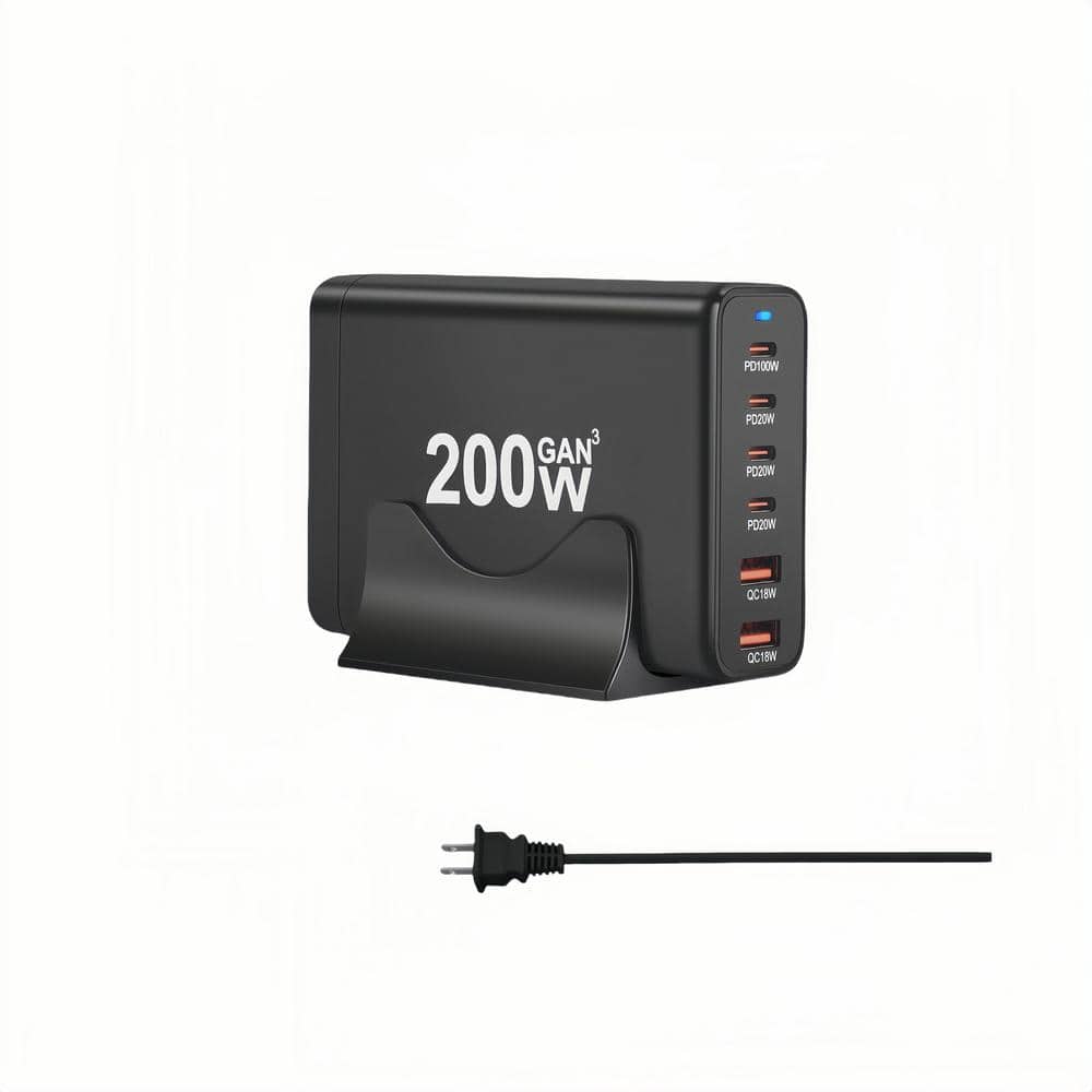 Black 200-Watt Fast Charging Station with 6 Ports