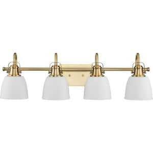 Preston 30.5 in. 4-Light Vintage Brass Vanity Light with Etched Opal Glass Shades