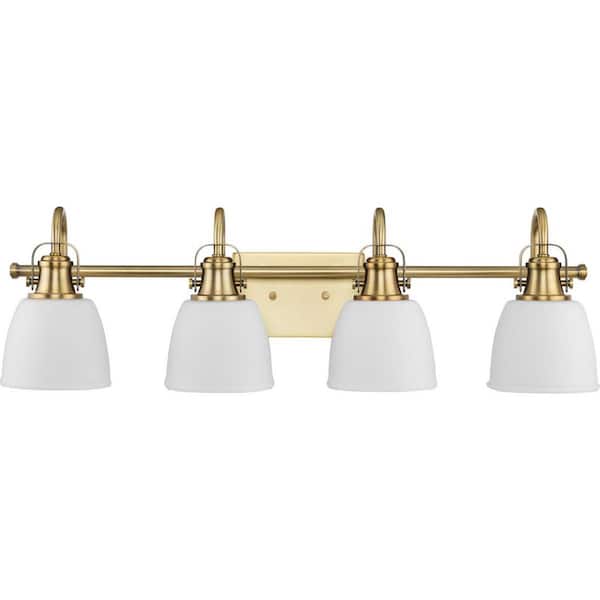 Progress Lighting Preston 30.5 in. 4-Light Vintage Brass Vanity Light with Etched Opal Glass Shades