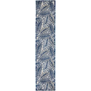 Aloha Ivory/Navy 2 ft. x 10 ft. Kitchen Runner Floral Contemporary Indoor/Outdoor Patio Area Rug