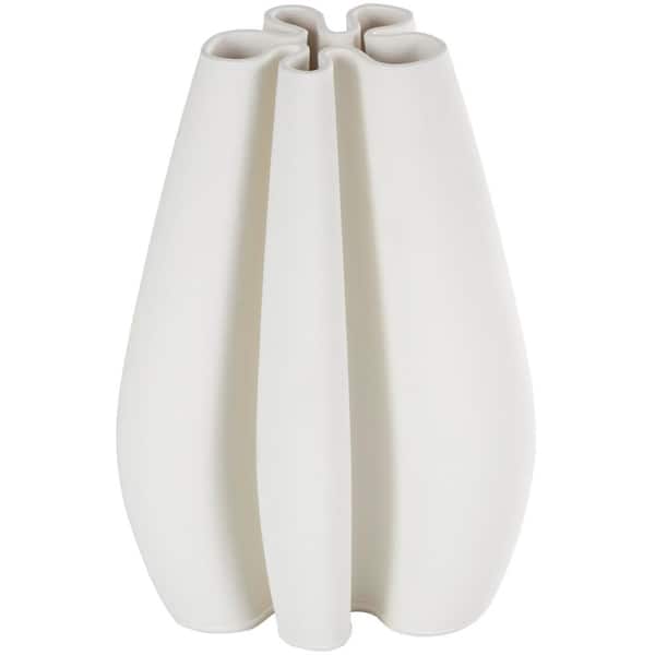 Litton Lane White Ribbed Dimensional Concaved Ceramic Abstract Decorative Vase with Floral Shaped Rim