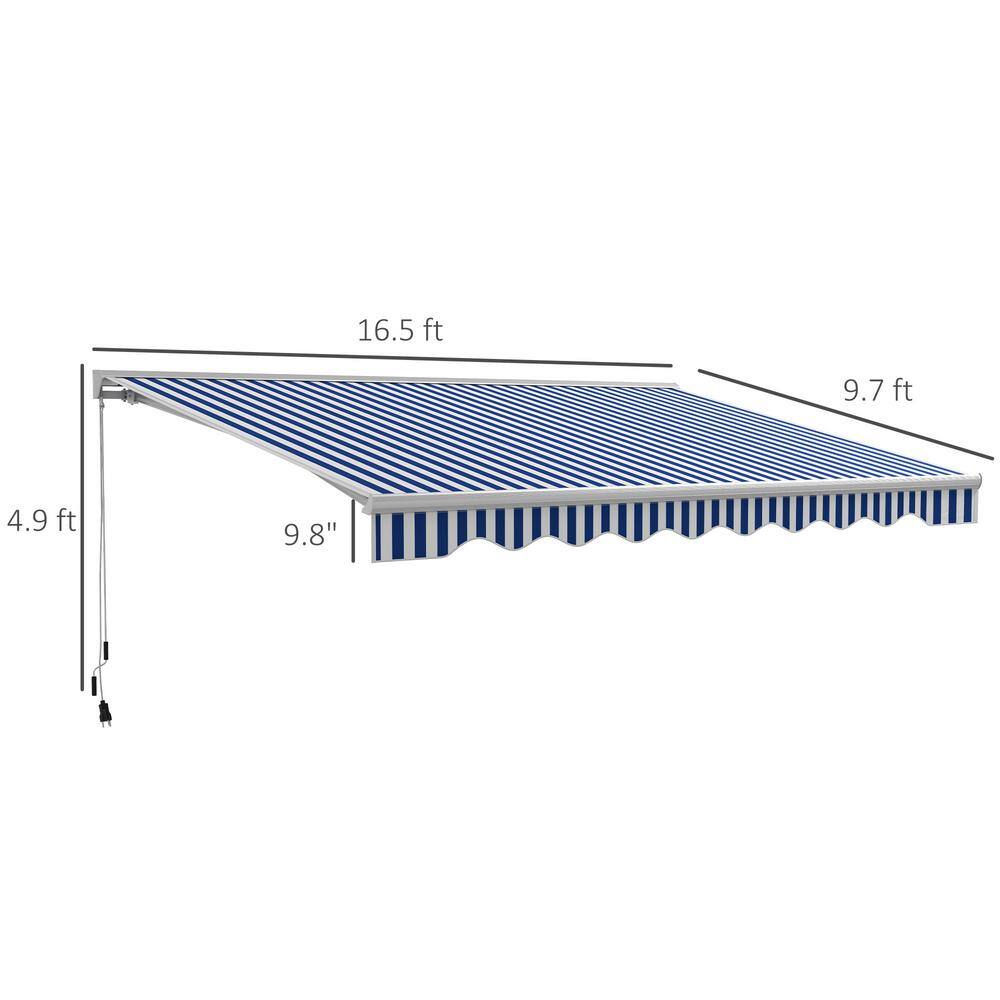 Blue and White Striped Retractable Patio Awning with LED Lights