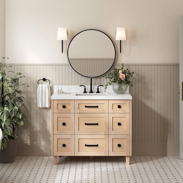 ARIEL Monroe 42 in. W x 22 in. D x 36 in. H Single Rectangle Sink Bath Vanity in Oak with Carrara White Quartz Top