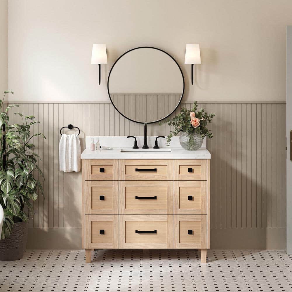 Monroe 42" Light Oak Freestanding Vanity Cabinet with Black Hardware
