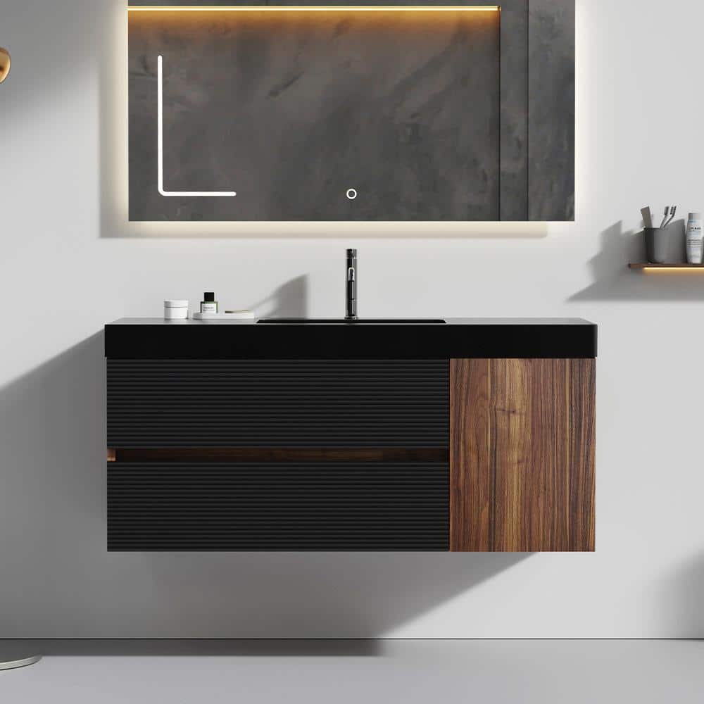 TCYO 48 in. Wall-Mounted Brown Bath Vanity with Black Engineered Quartz ...