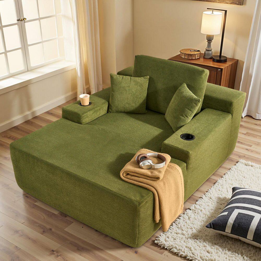 JOT 67 in. Square Arm Cloud Velvet Fabric Rectangle Chaise Lounge Sleeper Sofa Bed with Pillows and Cup Holders in Green