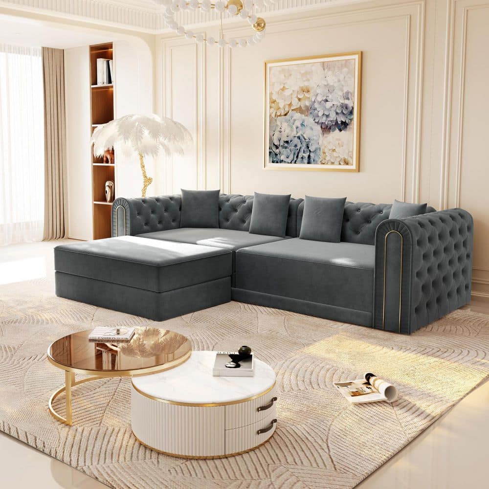 Rosa 90.6 in. Round Arm Velvet Rectangle 3-in-1 Sofa in Dark Grey with Button Tufted, Gold Edge Trim, Ottoman price history on PriceWatchPro