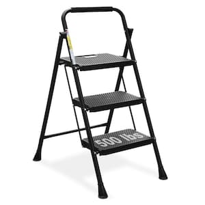 Black Folding Step Stool Steel Ladder 3-Step with Wide Anti-Slip Pedal for Above Ground Pool