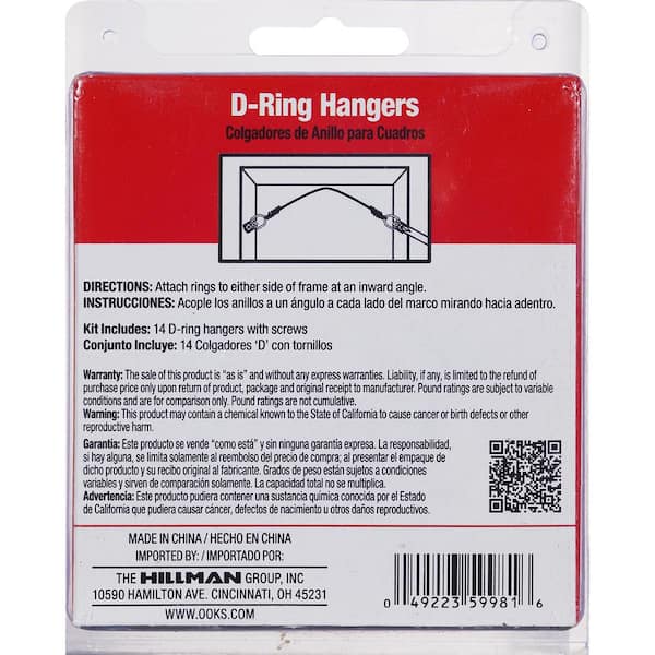 HangZ 10008B 1-Hole D-Ring Picture Hangers 50 Pack, 50 lb, Nickel