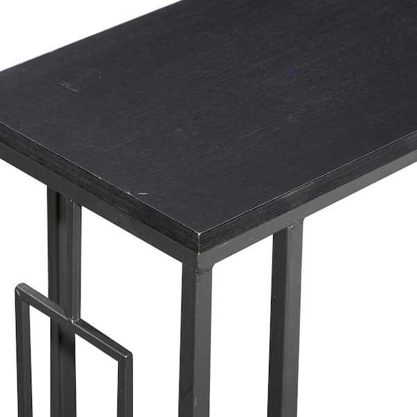 10 in. Black C-Shaped Large Rectangle Wood End Table with Black Metal Base