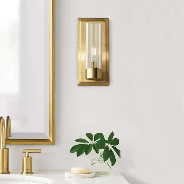 Home Decorators Collection Closmere 5 in. 1-Light Brushed Gold Mid-Century  Modern Wall Sconce with Clear Glass Shade HB3696-338 - The Home Depot