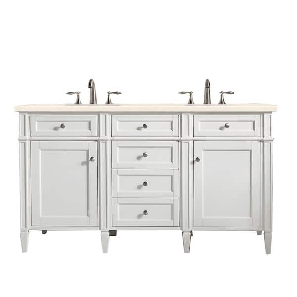 James Martin Vanities Brittany 60.0 in. W x 23.5 in. D x 34 in. H Double Bath Vanity in Bright White with Eternal Marfil Quartz Top