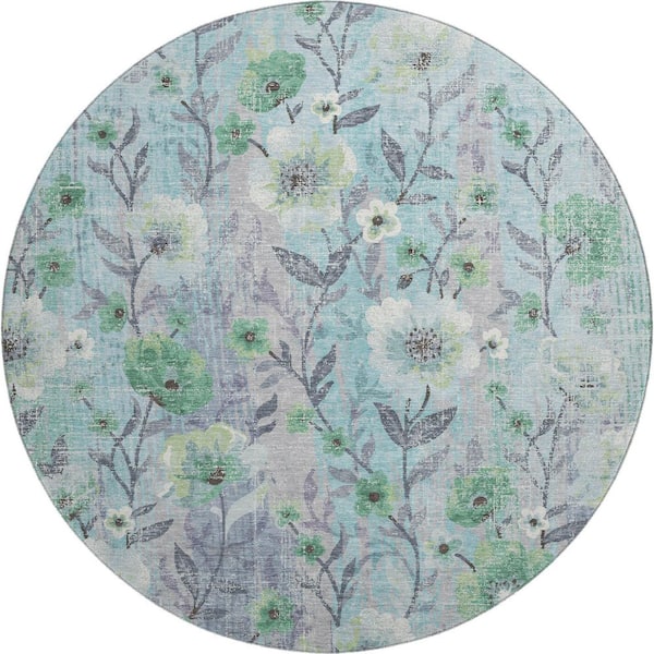 Mayfield Premium Machine Washable Abstract AMF2403 Teal 8 ft. x 8 ft. Round Rug
