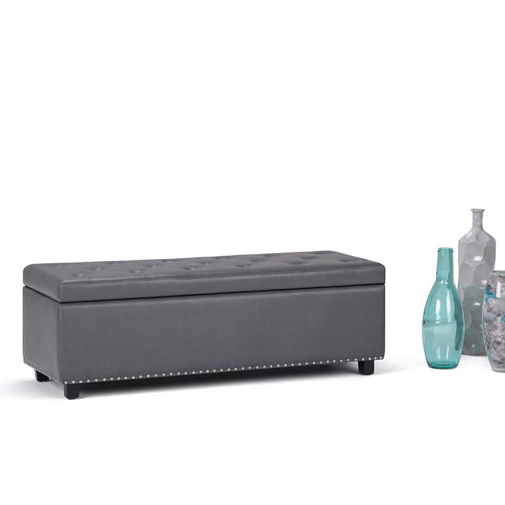 Elegant Stone Gray 48" Wooden Storage Bench Ottoman with Nailhead Trim