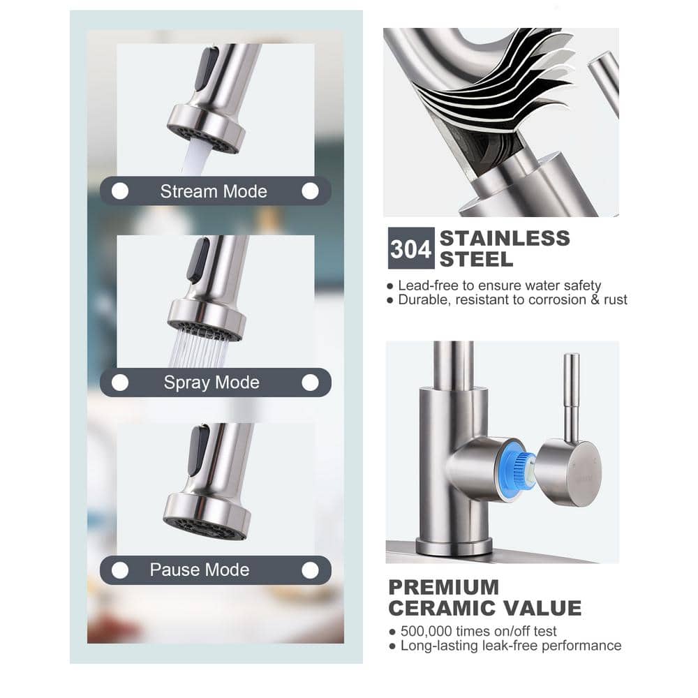 Brushed Nickel Single Handle Pull Down Kitchen Faucet with Soap Dispenser