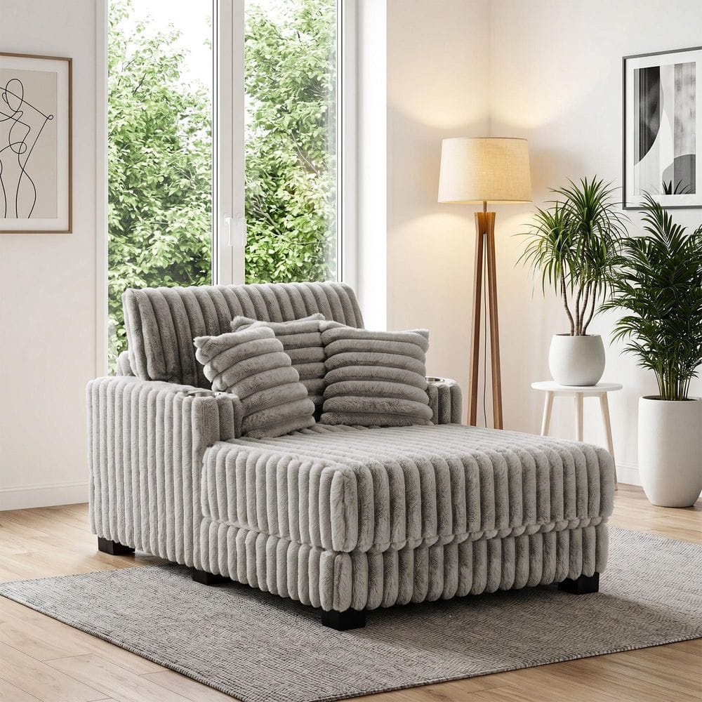 Uixe Stone Gray Faux Rabbit Fur Polyester 2 Arm Chaise Lounge with Cup ...