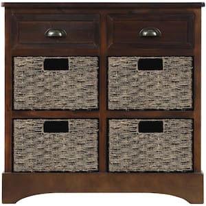 Espresso 28.00 in. Rustic Storage Cabinet with 2 Drawers and 4 Rattan Basket for Dining Room, Living Room