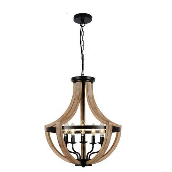 19 in. W 5-Light Farmhouse Pendant Light Solid Wood Ceiling Light Fixture for Kitchen Island, E12, No Bulbs Included