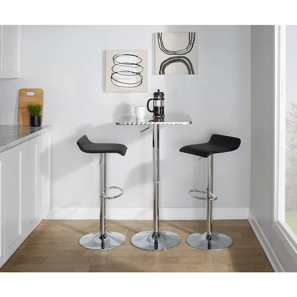 Lumisource Bistro Square-Ale 3-Piece Chrome Metal, Black Faux Leather, and Silver Metal Top Bar Set
