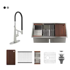 Stainless Steel Sink 33 in. Double Bowl Undermount Workstation Kitchen Sink with Brushed Nickel Kitchen Faucet