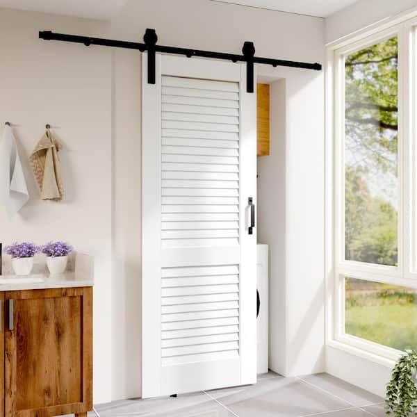 28 in. x 80 in. Louvered Panel Solid Core White Primed Pine Wood Sliding Barn Door Slab with Hardware Kit Set