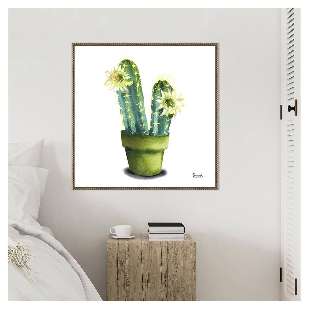 Cactus Flowers II Green and Yellow Canvas Print with Bronze Frame