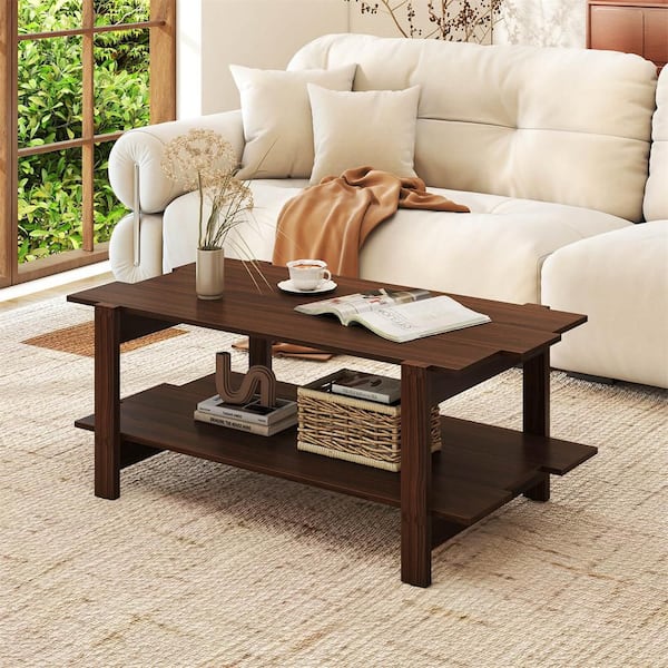 Costway 45 in. Walnut Specialty Particle Board 2-Tier Coffee Table
