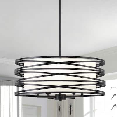 5-Light Black Dimmable Farmhouse Candlestick Hanging Drum Chandelier with Cloth Shade for Kitchen Island Dining Room