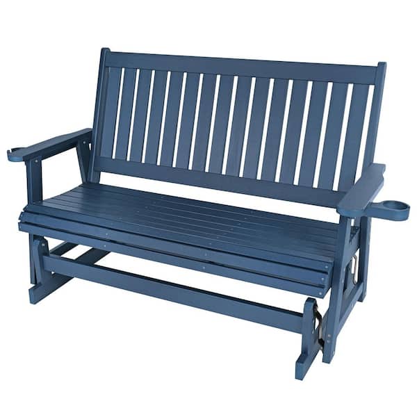 3-Person Poly Lumber Plastic Outdoor Glider with Deep Seat, High Backrest and Cup Holders, Heavy Duty 900 lbs, Navy Blue