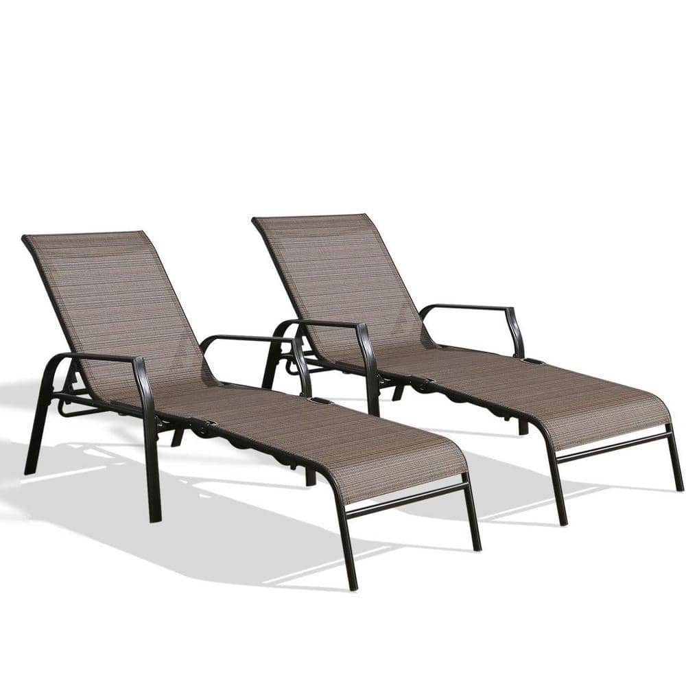 Brown 2-Piece Metal Outdoor Chaise Lounge Patio Folding Reclining Chair wit