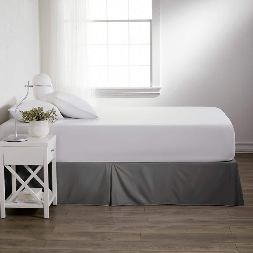 Gray Polyester Pleated King Bed Skirt with Split Corner
