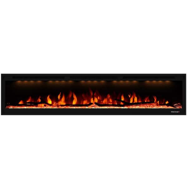 Valuxhome 74 in. 750-Watt/1500-Watt Wall-Mount and Recessed Electric Fireplace with LED Light, Log and Crystal in Black