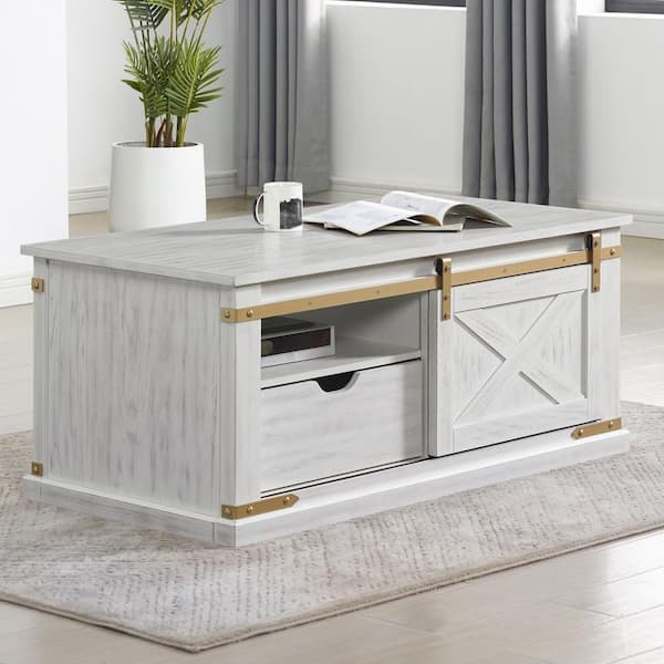 Furniture of America Sueli 48 in. Antique White and Gold Rectangle Wood Coffee Table with Barnyard Design