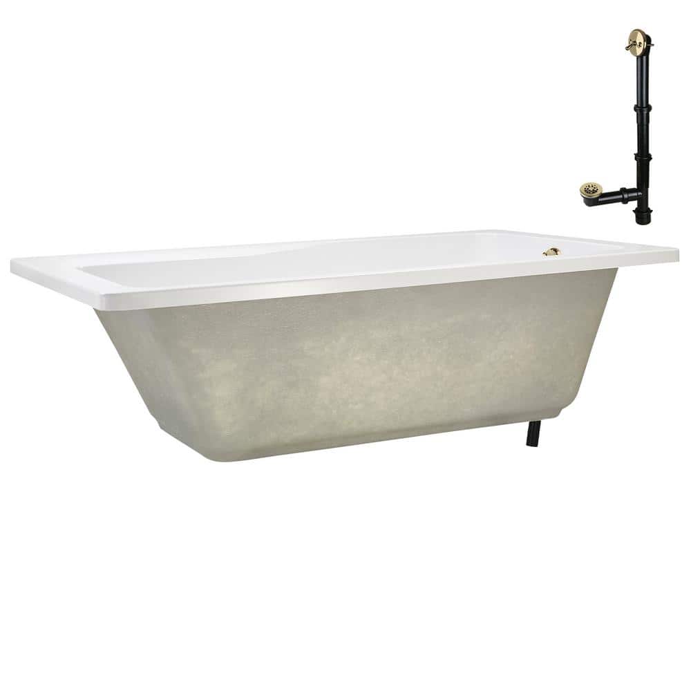 66'' Glossy White Acrylic Soaking Drop-In Bathtub with Polished Brass Drain