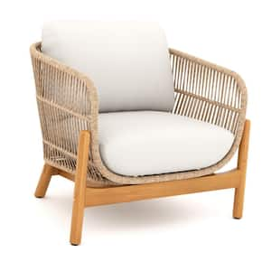 White and Brown Unique Rope Frame Wood Outdoor Lounge Chair with White Cushion