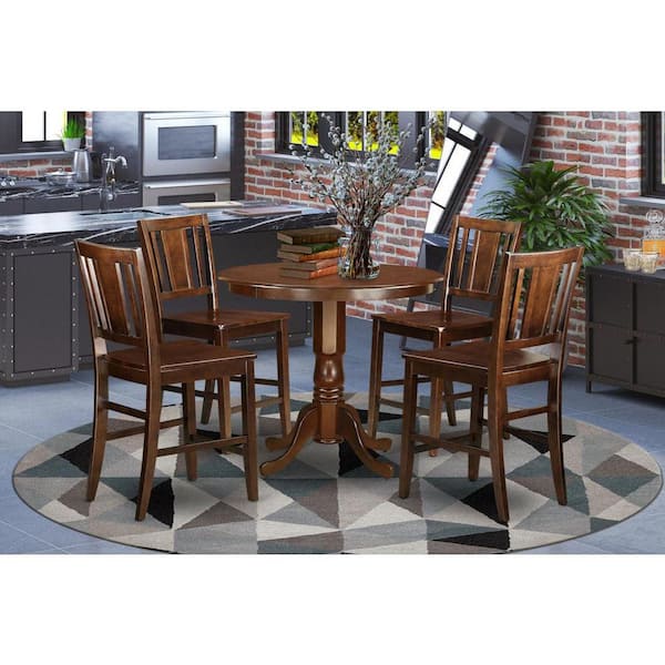 5-Piece Round Mahogany Finish Solid Wood Top Dining table with 4 Chairs with Lattice Back