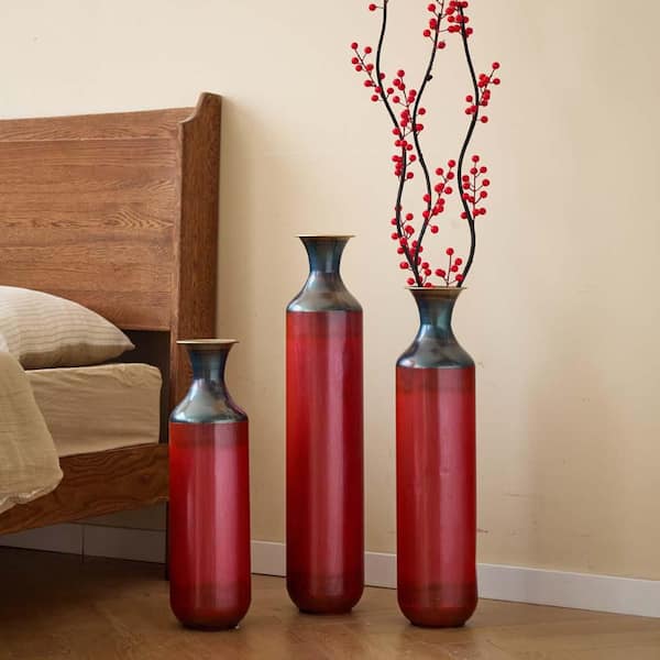 28.34 in. Red Metal Bottle Decorative Vase Set of 3,Rustic Floor