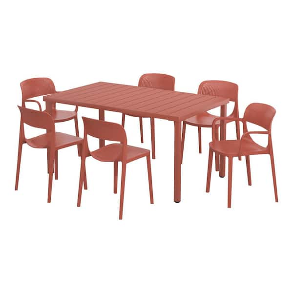 Frond and Form Modern Outdoor Patio Poly Plastic 7-Piece Rectangle Table Dining Set w/ 6 Stackable Chairs in Red