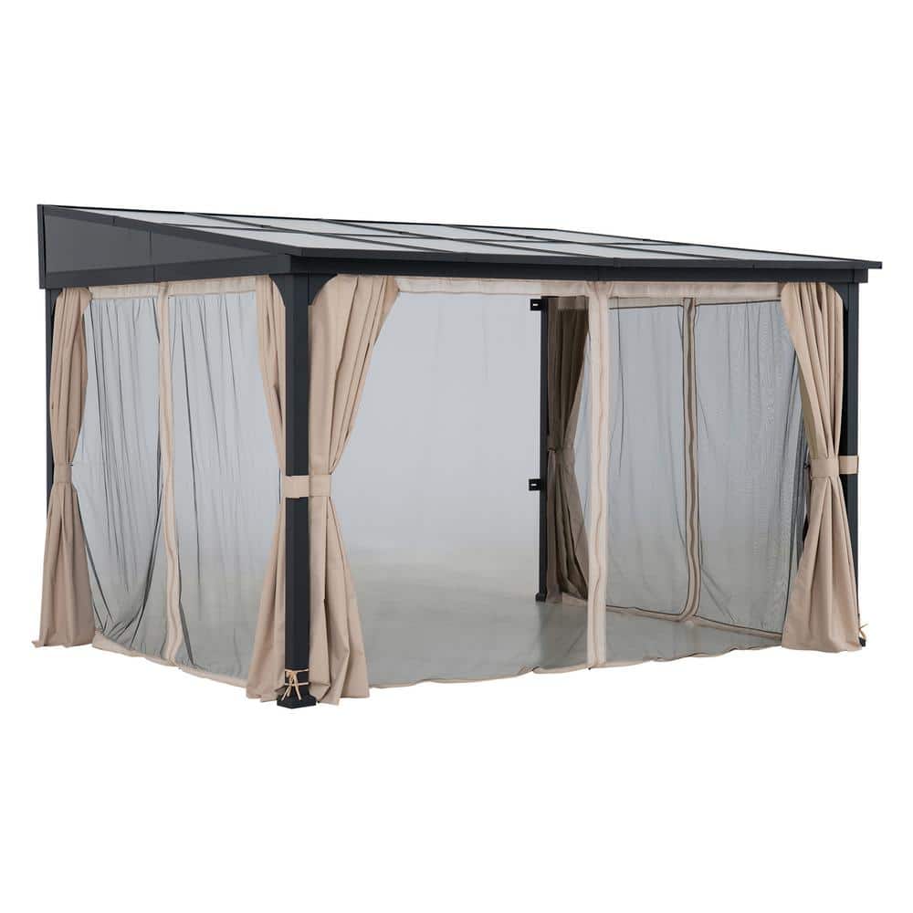 Sunjoy 10 x 12 ft Black Aluminum Wall-Mounted Gazebo with Curtains