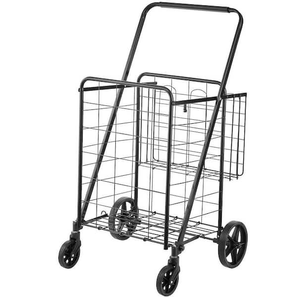 Folding Shopping Cart, Jumbo Grocery Cart with Double Baskets, 360° Swivel Wheels, Heavy Duty Utility Cart, Serving Cart
