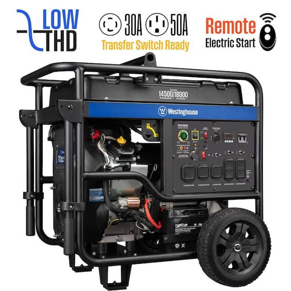 18,000/14,500-Watt Gas Powered Portable Generator with Remote Electric Start, Low THD, and 50 Amp Outlet